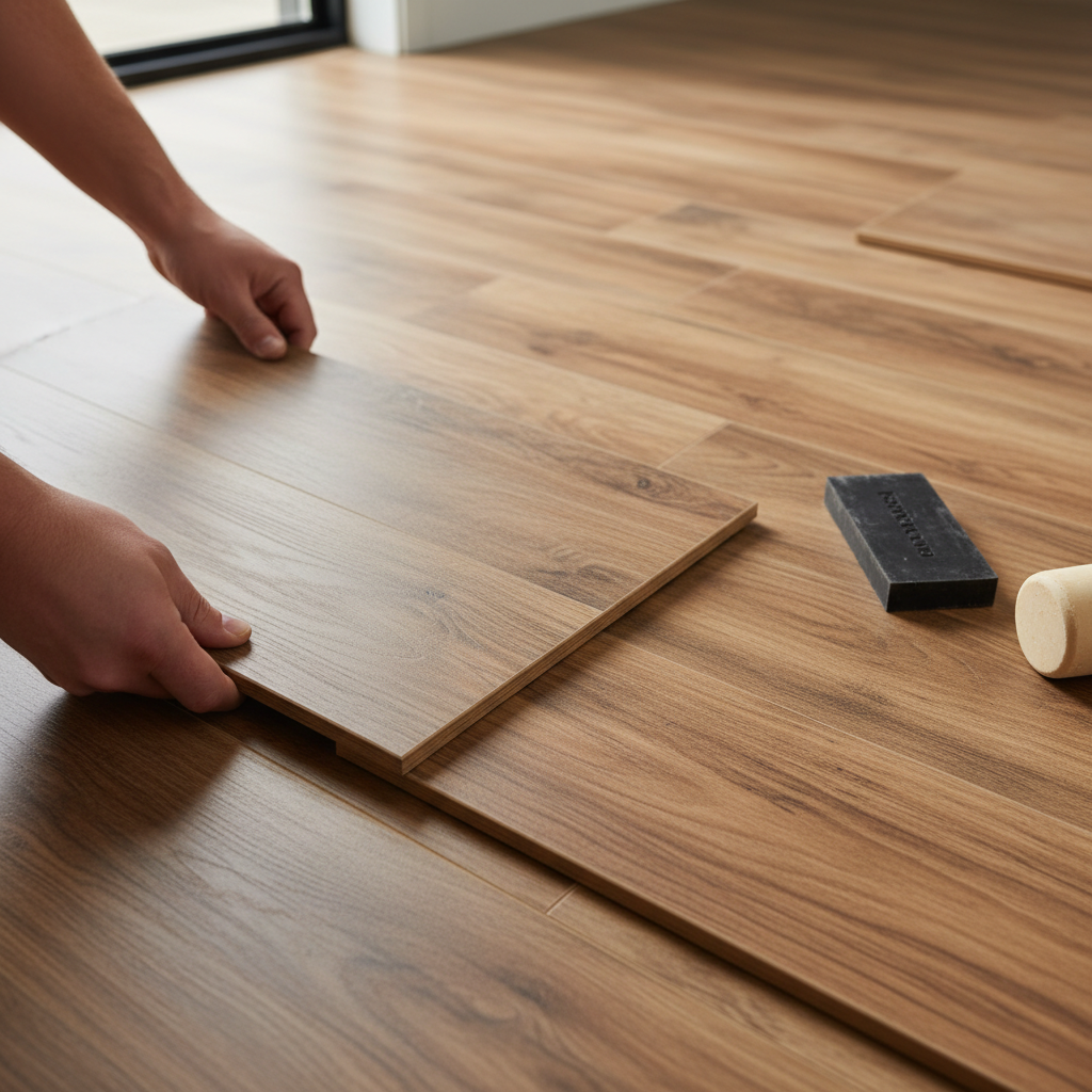 A close-up, eye-level photorealistic shot of hands demonstrating the click-lock installation of Bravewood hybrid planks on a floor. One hand holds a new plank at a slight 20-30 degree angle, about to engage its tongue into the groove of a previously installed plank. The background shows a partially installed floor with clearly visible, properly staggered seams, illustrating the recommended 'staircase pattern' for structural integrity. A tapping block and a rubber mallet are visible nearby on the floor. The lighting is bright and natural, highlighting the wood grain and the action.
