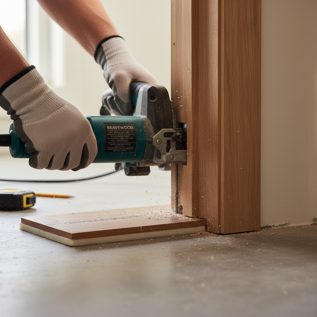 A close-up, action-oriented photograph from a DIYer's perspective, showing hands expertly using a professional-grade jamb saw to undercut a wooden door frame. A scrap piece of Bravewood flooring (with a thin underlayment) is laid on the subfloor as a guide for the saw blade. The cut should appear clean and precise, ready for the new flooring plank to slide underneath. Style: photorealistic, instructional, focused depth of field.