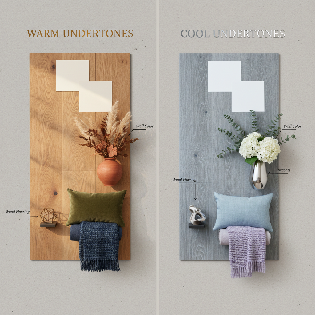 Interior design mood board showing warm-toned wood floor samples with warm decor, and cool-toned wood floor samples with cool decor, illustrating undertone matching.
