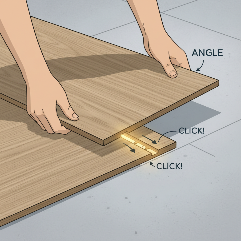 A close-up, clear instructional illustration of two hybrid flooring planks being clicked together using an Angle/Angle click-lock mechanism. Show hands gently guiding the planks into place, with a subtle visual cue (e.g., a glow or highlighted area) indicating the successful engagement of the locking profile. The background should be a clean, prepared subfloor.