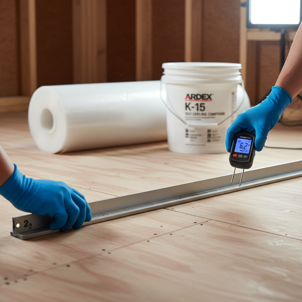 Close-up of hands checking subfloor flatness with a straight edge and moisture with a pin-style meter. Self-leveling compound and moisture barrier are in the background, hinting at thorough preparation.