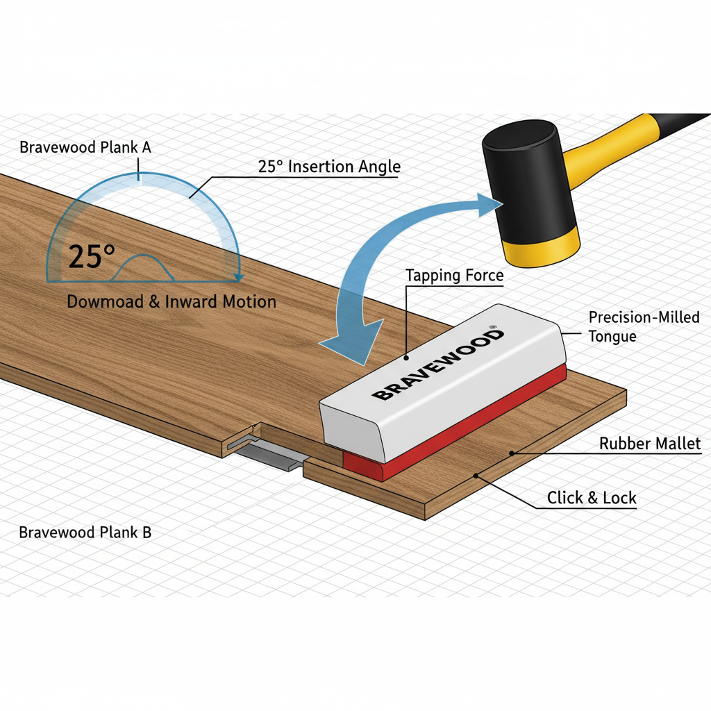 Detailed illustration of Bravewood's angle-drop locking mechanism, showing two planks joining at a 20-30 degree angle and being tapped with a mallet and tapping block.