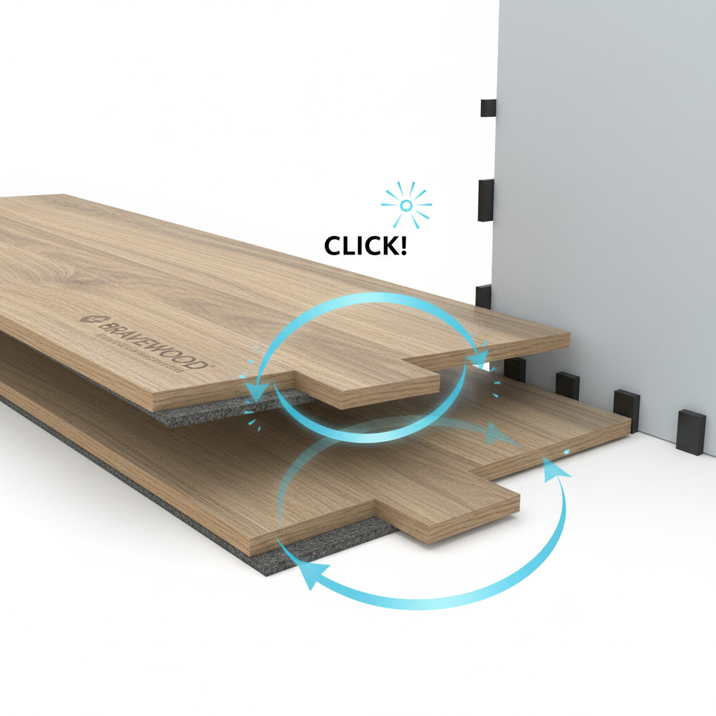 Cross-section diagram illustrating Bravewood hybrid flooring click-lock mechanism and proper expansion gap with wall spacers.