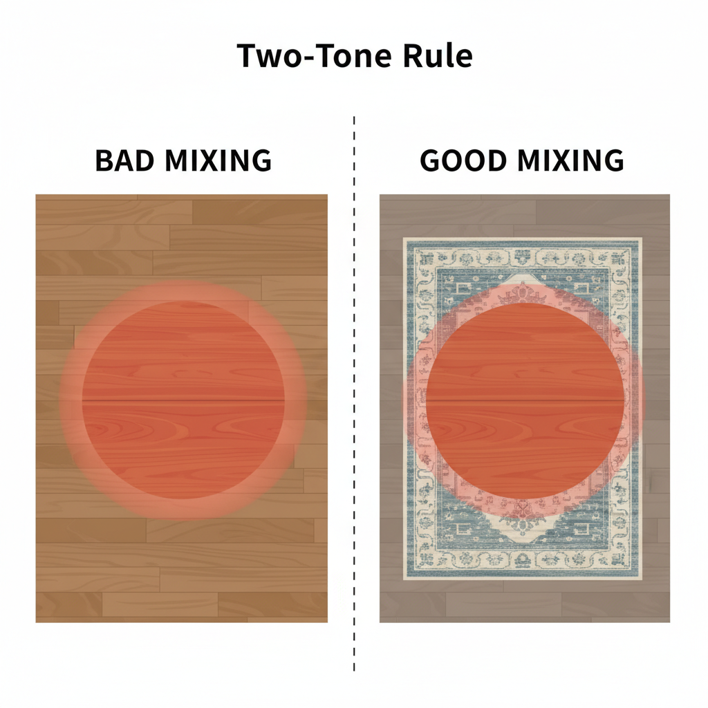 An illustrative graphic demonstrating the 'Two-Tone Rule' for mixing wood furniture and floors. The image should be split into two sections: 'Bad Mixing' and 'Good Mixing.' In the 'Bad Mixing' section, show a cherry wood dining table directly on a red oak floor, with clashing warm tones visually represented by subtle red/orange auras. In the 'Good Mixing' section, show the same cherry wood table on a neutral brown floor, with a large, cool-toned or neutral area rug acting as a visual buffer between them, creating harmony. Style: clean, modern flat design with clear color distinctions and subtle wood textures.