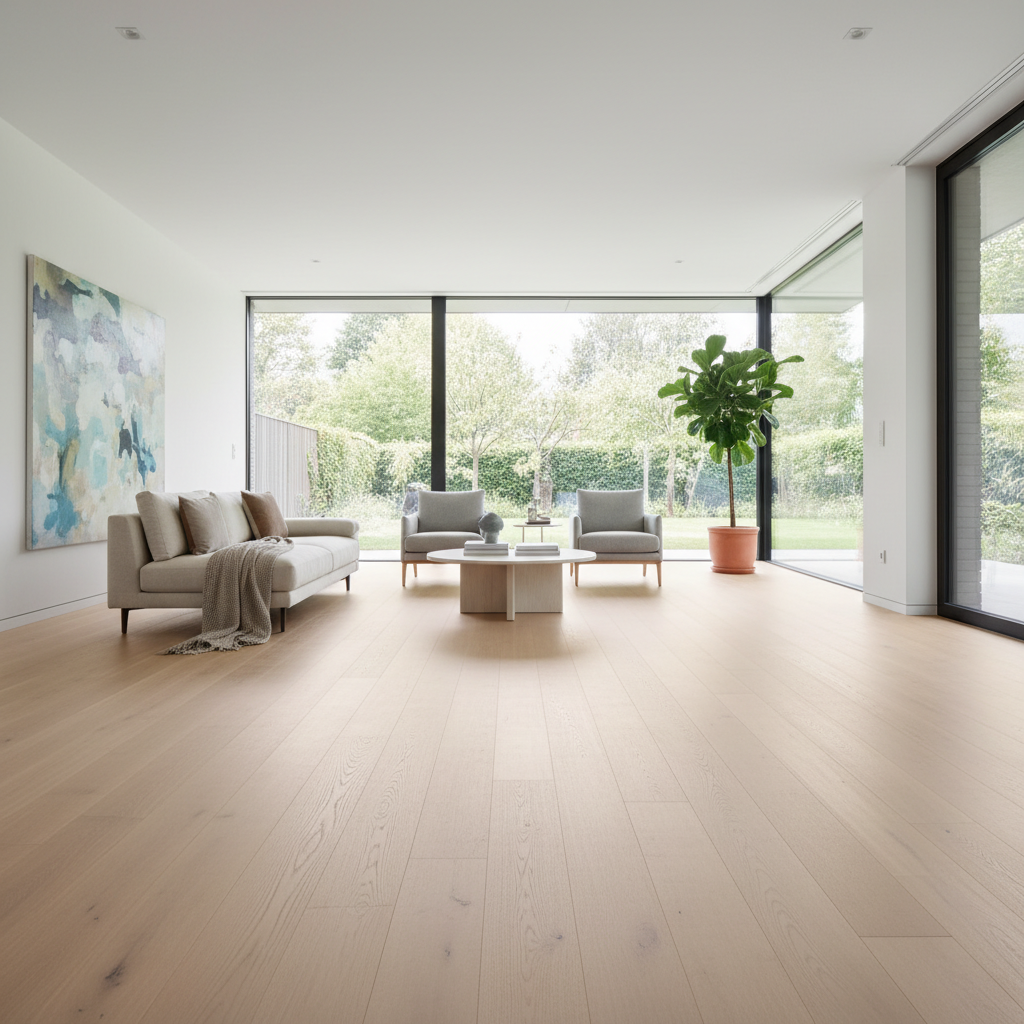 An elegant living room with wide-plank Bravewood hybrid hardwood flooring, showcasing its modern aesthetic and realistic wood grain.