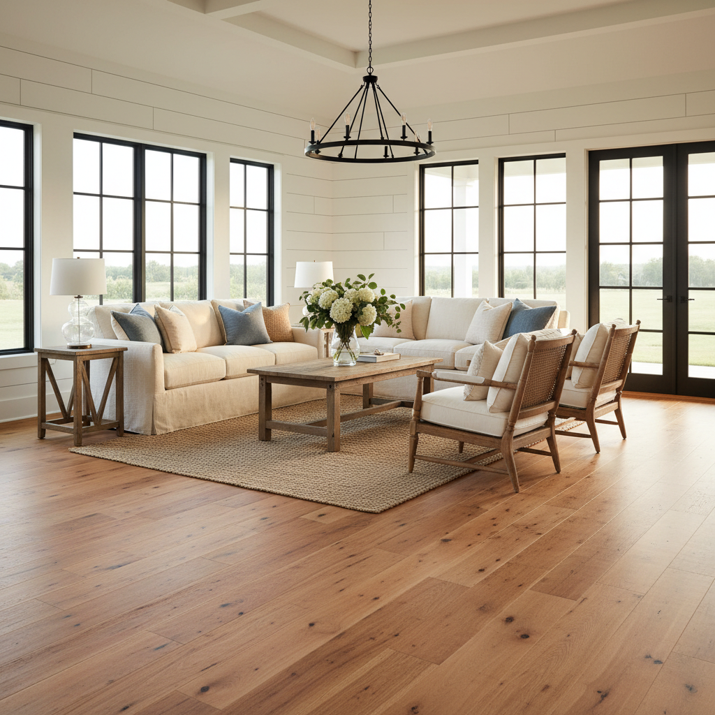 An inviting modern farmhouse living room featuring wide-plank Bravewood hybrid hardwood floors, shiplap walls, and natural light, highlighting the authentic aesthetic.