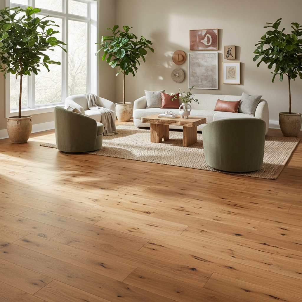 Living room in Organic Modernism style with hybrid hardwood floor, natural light, minimalist furniture, and plants, highlighting authentic wood aesthetics.