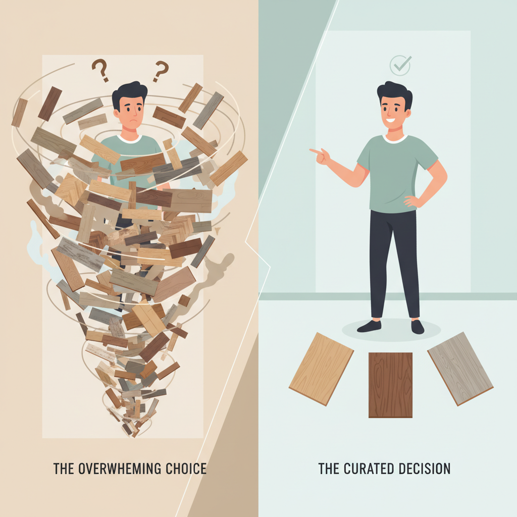 A dynamic, split-panel illustration. Left panel: a person standing in a chaotic flooring showroom, surrounded by an overwhelming number of diverse wood-look flooring samples, expressing confusion and decision fatigue. The samples are swirling around them. Right panel: the same person, now confident and calm, standing in a clean, minimalist space with only 3-5 curated flooring samples laid out neatly, pointing to one with a clear decision. Style: vibrant, modern flat design, slightly abstract, motivational, with clear visual distinction between chaos and order.