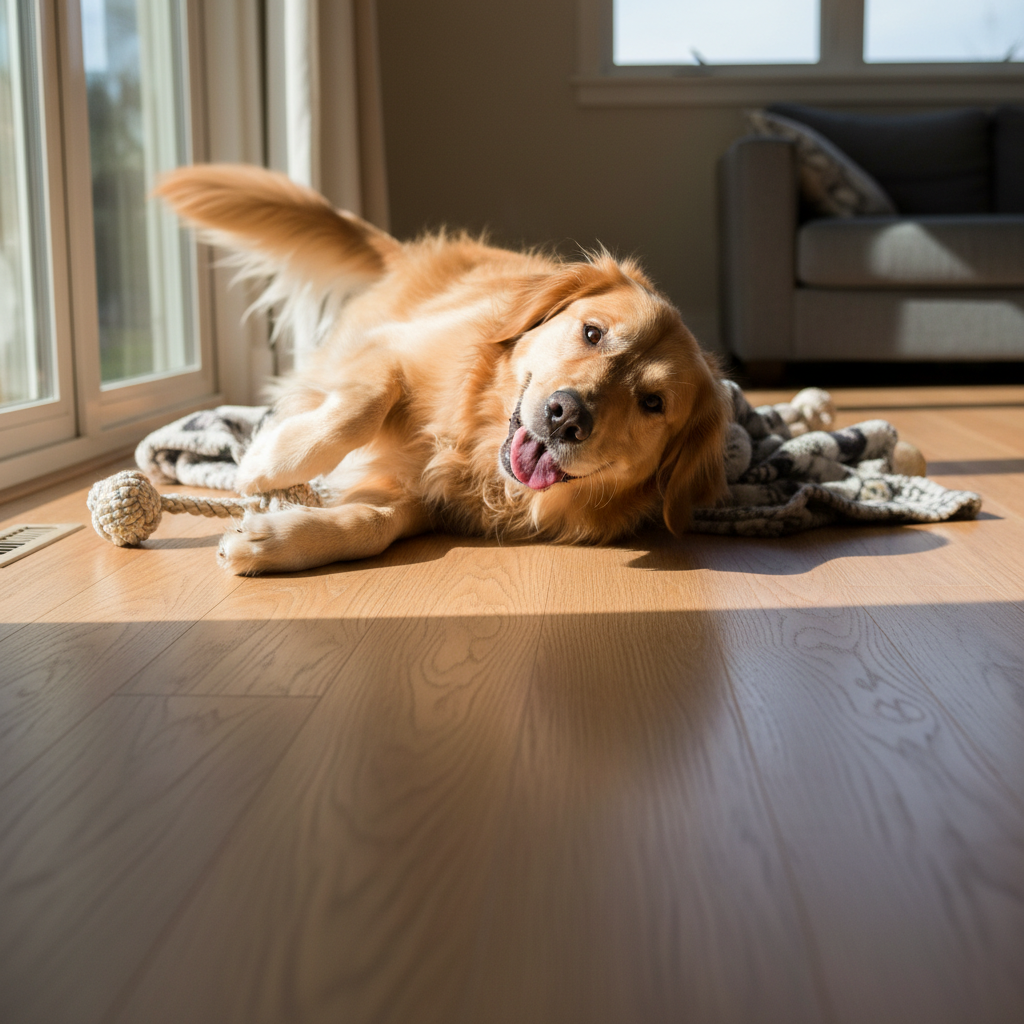 A large, happy dog walking on a pristine Bravewood hybrid hardwood floor, illustrating its scratch resistance and pet-friendly durability.