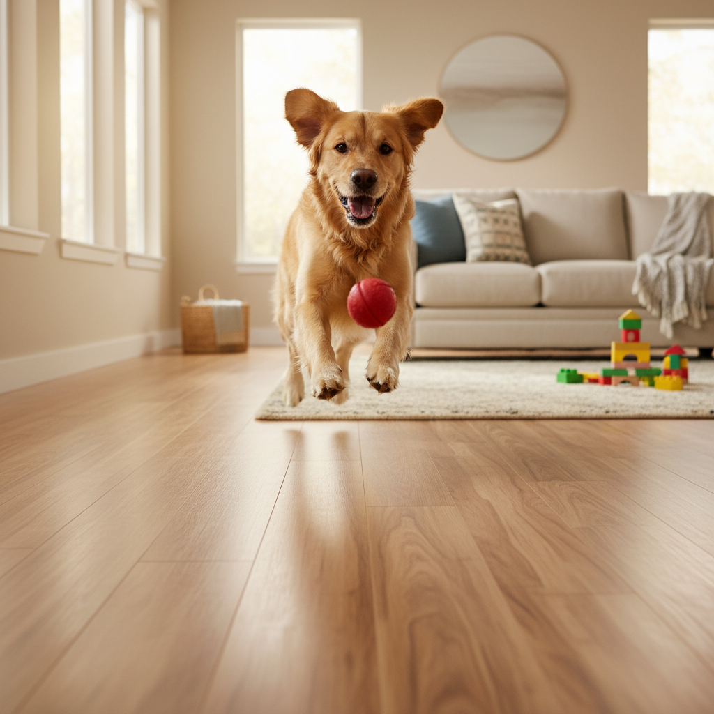 A playful yet illustrative scene featuring a large, happy dog (e.g., Golden Retriever or Labrador) running or playing on a beautiful hybrid hardwood floor, with no visible scratches or damage. The floor should look pristine and durable, conveying resilience against pet activity and heavy traffic.