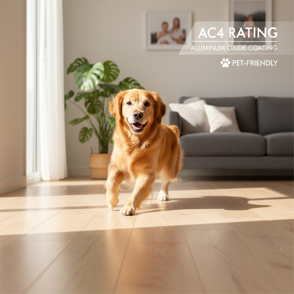 Playful golden retriever running on a scratch-resistant hybrid hardwood floor, showing no marks. Graphic overlay indicates AC4 rating and aluminum oxide coating.