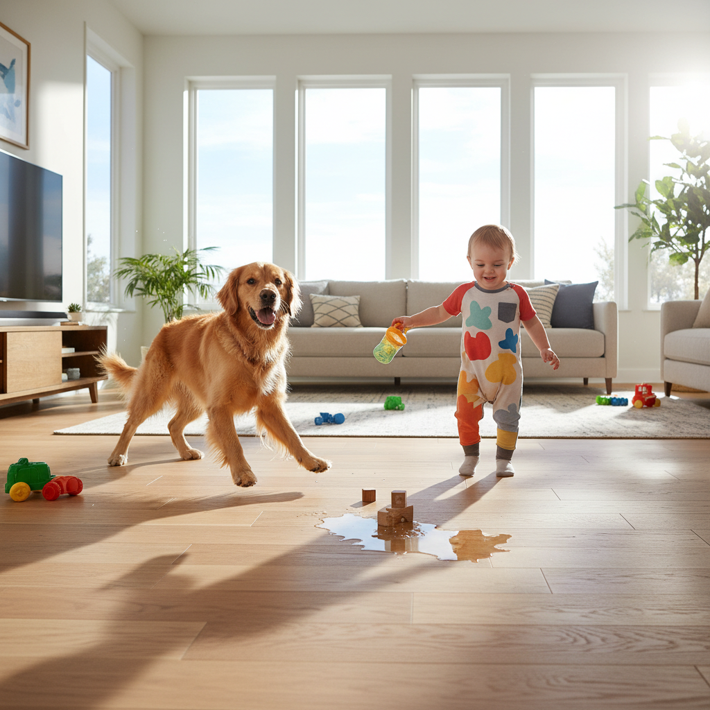 A golden retriever and toddler playing on durable, scratch-resistant, and waterproof Bravewood Hybrid Hardwood flooring in a modern living room, highlighting its pet-friendly and kid-friendly features.