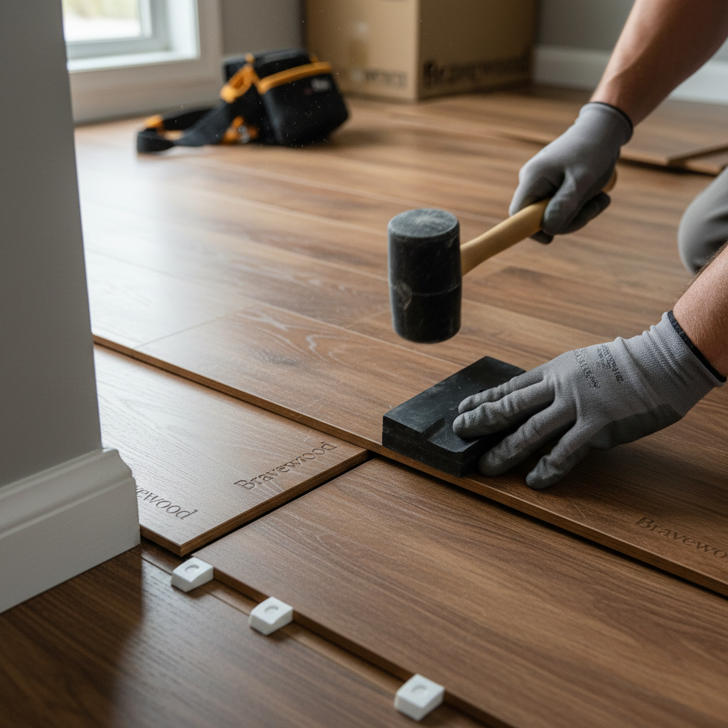 An installer's hands using a tapping block and rubber mallet to precisely click-lock Bravewood hybrid hardwood planks, showing correct staggering and expansion gap spacers.