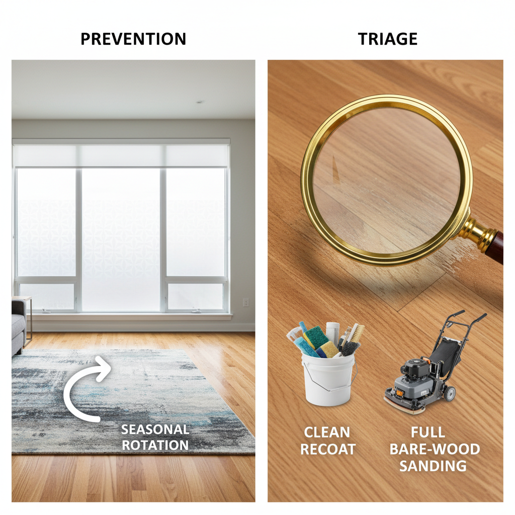 A dynamic split-panel image. Left panel: A modern living room with large windows, showing a subtle window film applied, and a stylish rug partially covering a hardwood floor, with an arrow indicating 'seasonal rotation'. This side represents 'Prevention'. Right panel: A close-up of a hardwood floor with a magnifying glass hovering over a faded area. Below it, two options are presented: a bucket with 'Clean ReCoat' materials and a sanding machine for 'Full Bare-Wood Sanding'. This side represents 'Triage'. Style: realistic, clean interior photography for the left, detailed product/tool photography for the right, with clear visual cues for each concept.