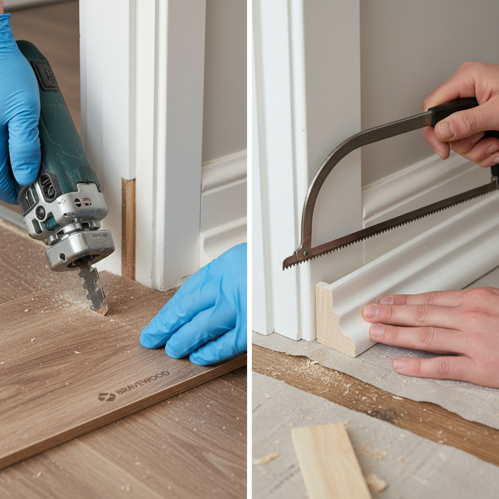 Composite image showing an oscillating multi-tool undercutting a door jamb and a coping saw being used to cut a baseboard molding for an inside corner.