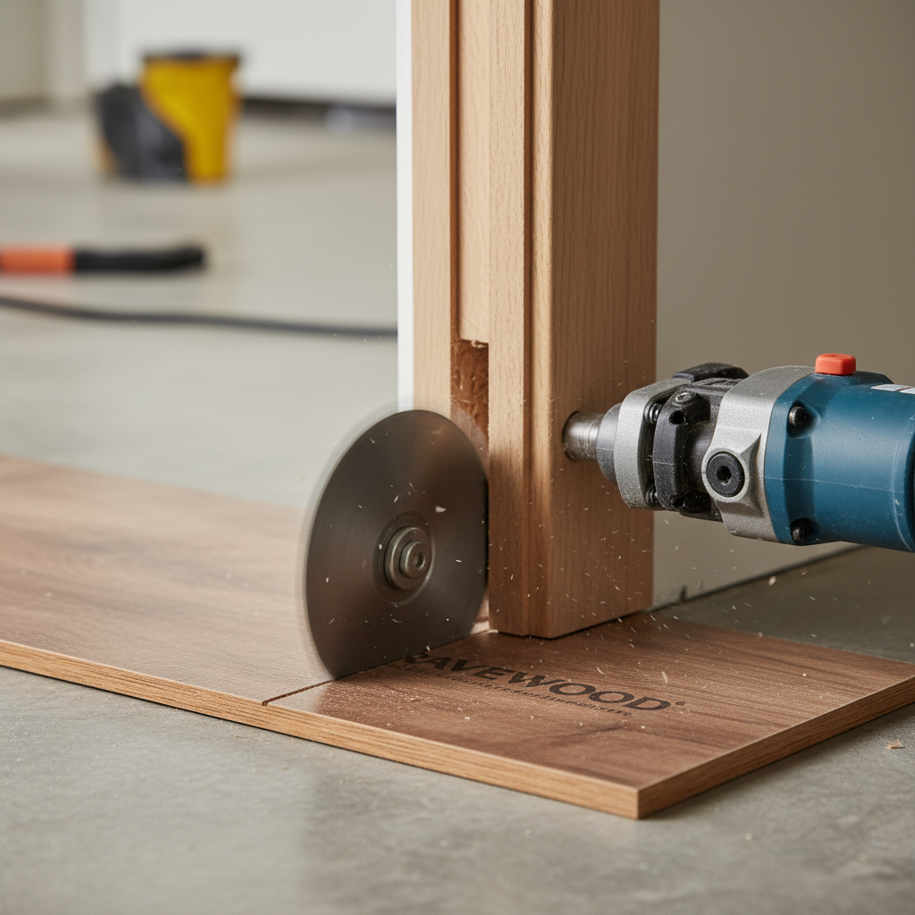 A clear, practical, close-up photorealistic shot of a multi-tool (oscillating tool) with a flush-cut blade actively undercutting a wooden door jamb. A scrap piece of Bravewood flooring is laid upside down on the subfloor, precisely acting as a height guide for the multi-tool's blade, ensuring the cut is perfectly aligned for the new flooring to slide effortlessly underneath. The scene should be well-lit, focusing sharply on the tool, the door jamb, and the guide piece, demonstrating a professional technique.
