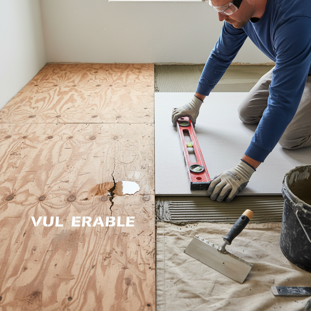 Construction scene showing a worker installing cement backer board or a waterproofing uncoupling membrane over a subfloor, demonstrating proactive subfloor protection against rot and moisture.