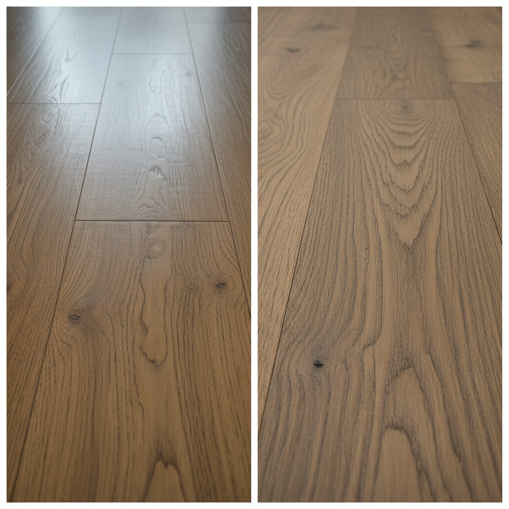 A split-panel comparison image showcasing the aesthetic difference between traditional LVP and hybrid hardwood. Left panel: A section of traditional luxury vinyl plank flooring, characterized by a noticeable plastic sheen, repetitive printed wood grain patterns, and a slightly artificial look. The light reflects off its surface unnaturally. Right panel: A section of hybrid hardwood flooring, featuring a genuine, matte-finished wood veneer with unique, non-repeating grain patterns and realistic micro-bevels, appearing natural and authentic. The lighting should highlight the texture and natural appearance of the hybrid floor versus the synthetic look of the LVP. Style: high-quality, realistic photography with subtle, clear distinctions.