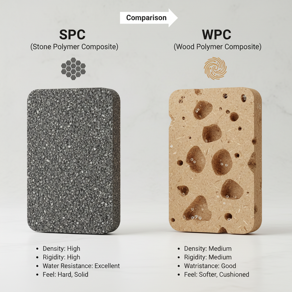 A side-by-side infographic comparing SPC (Stone Polymer Composite) and WPC (Wood Polymer Composite) cores, showing SPC as dense and rigid, and WPC as thicker, lighter, and more cushioned with air pockets.