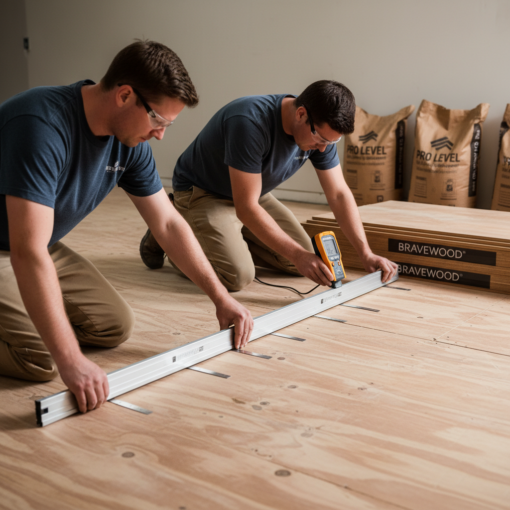 A person using a straightedge and feeler gauges to check subfloor flatness, while another uses a moisture meter on the subfloor and Bravewood planks, emphasizing precise pre-installation steps.