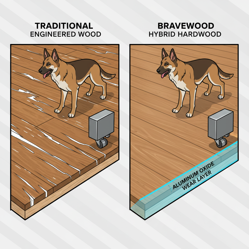 A dynamic, illustrative comparison of scratch resistance on two types of flooring. On the left, a traditional engineered wood floor shows visible scratch marks and gouges from a dog's claws or a heavy furniture leg, revealing the lighter wood beneath the finish. On the right, a Bravewood hybrid hardwood floor, with a similar dog or furniture leg, shows no visible damage, highlighting its superior Aluminum Oxide wear layer. The style should be vibrant and clear, emphasizing the difference in durability.