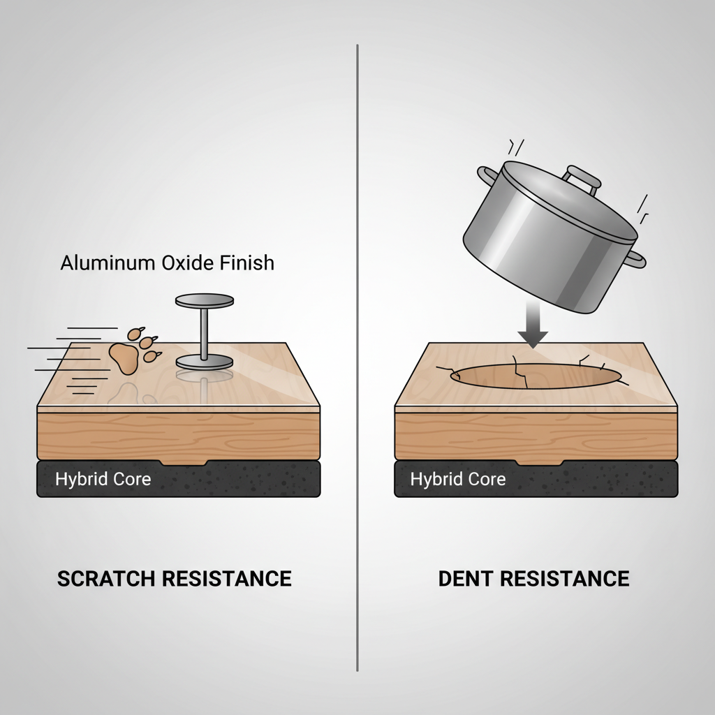 A split-panel conceptual illustration demonstrating the difference between scratch resistance and dent resistance on a hybrid hardwood plank. Left panel: A close-up of a hybrid hardwood surface with a protective, clear topcoat (labeled 'Aluminum Oxide Finish'), showing pet claws or a chair leg sliding across it without leaving a mark, symbolizing scratch resistance. Right panel: The same hybrid hardwood plank, but with a visible, small dent where a heavy object (e.g., a dropped pot) has impacted the real wood veneer, illustrating dent susceptibility despite the durable core. Use a clean, illustrative style with subtle textures.
