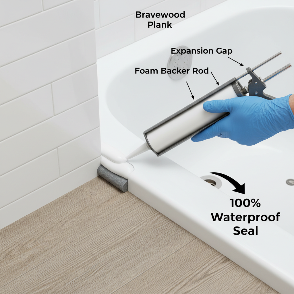 A detailed, eye-level illustration showing the process of sealing an expansion gap in a wet area. A Bravewood plank is installed against a wall or tub. A DIYer's hand is applying a bead of 100% silicone sealant over a foam backer rod that has been inserted into the expansion gap. The scene should clearly show the layers: flooring, backer rod, and sealant, ensuring a waterproof seal. Style: clear, step-by-step instructional illustration, bright and clean.