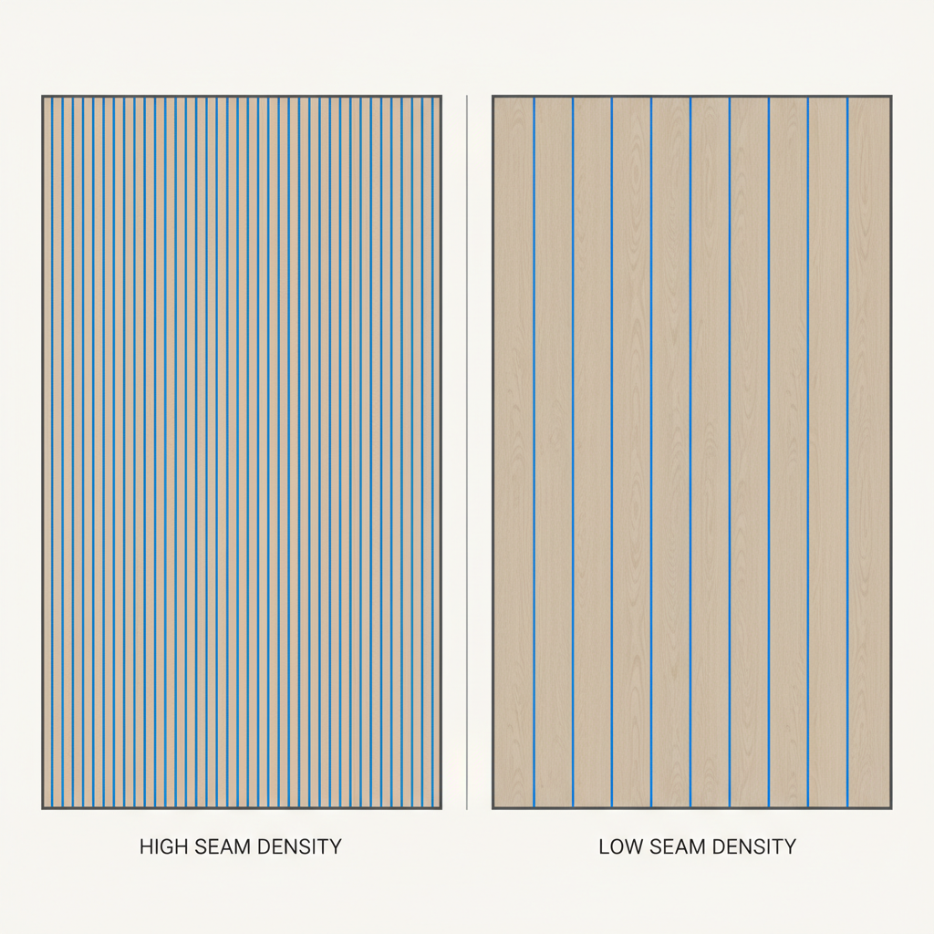 An overhead, side-by-side comparison illustration of two identical floor sections. Left section: a floor made of numerous narrow flooring planks, clearly showing a high density of seam lines. Right section: an identical floor area made of significantly fewer, wider flooring planks, demonstrating a much lower density of seam lines. Highlight the seam lines on both sections to emphasize the difference in quantity.
