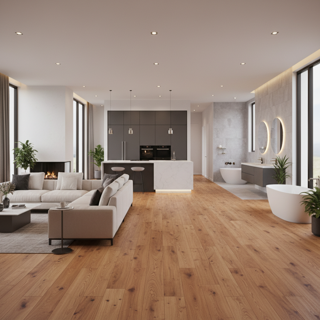 An interior architectural rendering of a modern, open-concept home. The same beautiful, realistic wood-look hybrid flooring flows seamlessly and continuously from a stylish living room, through a contemporary kitchen, and into an elegant bathroom, without any transitions or breaks. The scene should be bright, inviting, and showcase a cohesive design aesthetic.