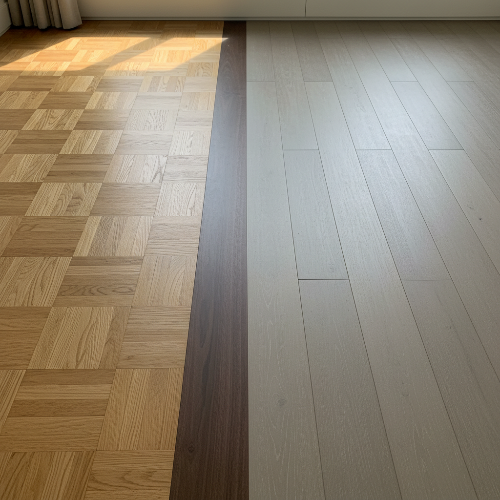 A photorealistic illustration of a room transition where two different wood floor patterns or colors meet. The first floor section is a warm-toned, traditional oak, and the second section is a cooler-toned, wide-plank modern flooring. Between these two distinct floorings, a single, perpendicular plank (a 'header board') is intentionally installed, creating a clean, deliberate visual break. The perspective is slightly elevated, looking down at the floor, highlighting the seamless integration despite the difference in materials.