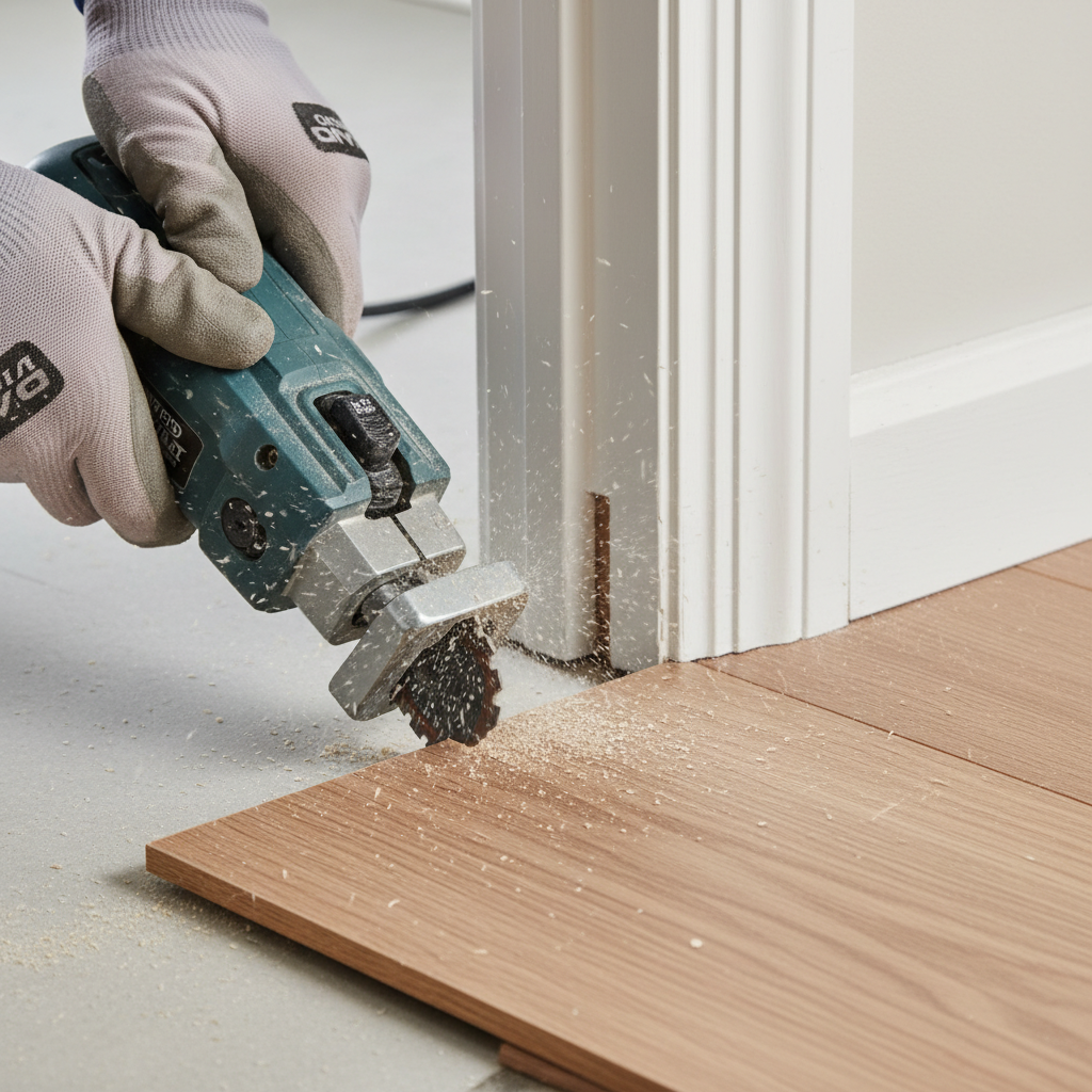 A close-up, photorealistic image of a professional flooring installer using an oscillating multi-tool to precisely undercut a wooden door jamb and casing. The tool is actively cutting, creating a clean, flush opening. A pre-cut waterproof hybrid hardwood plank is shown nearby, ready to be slid perfectly underneath the undercut jamb, illustrating a seamless, molding-free transition.