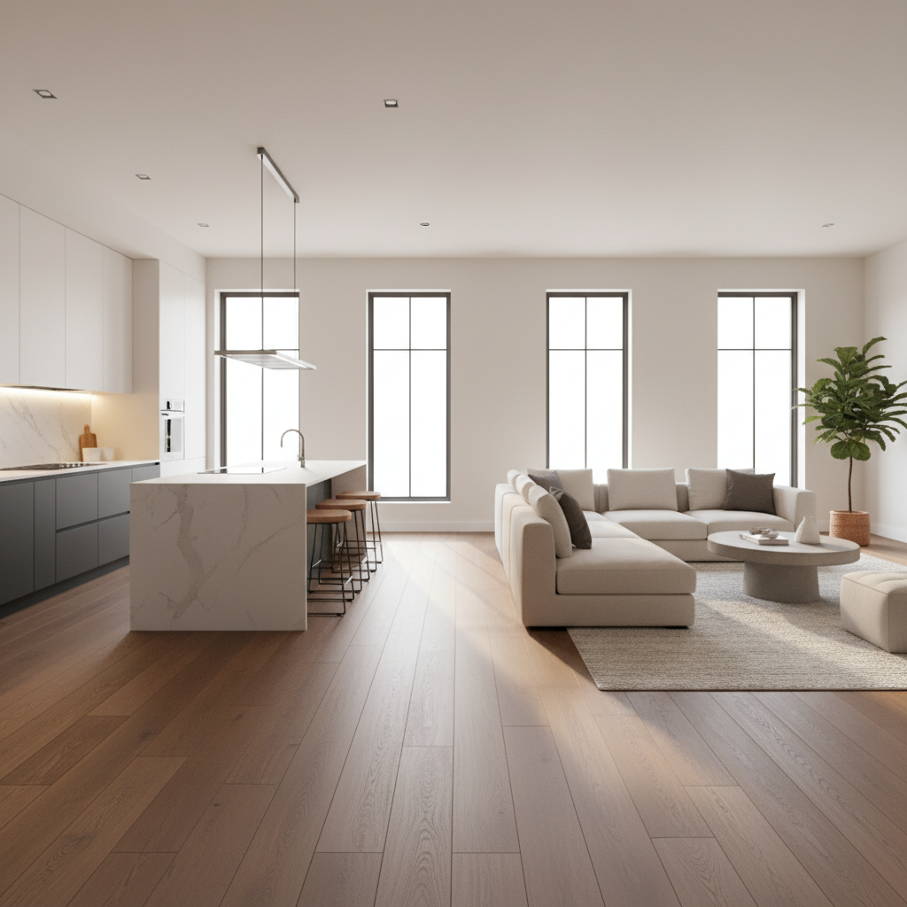 A bright, modern open-concept home interior featuring wide-plank, medium-brown waterproof hardwood flooring that flows seamlessly from a contemporary kitchen into a comfortable living room, without any transition strips, creating an expansive and luxurious feel.