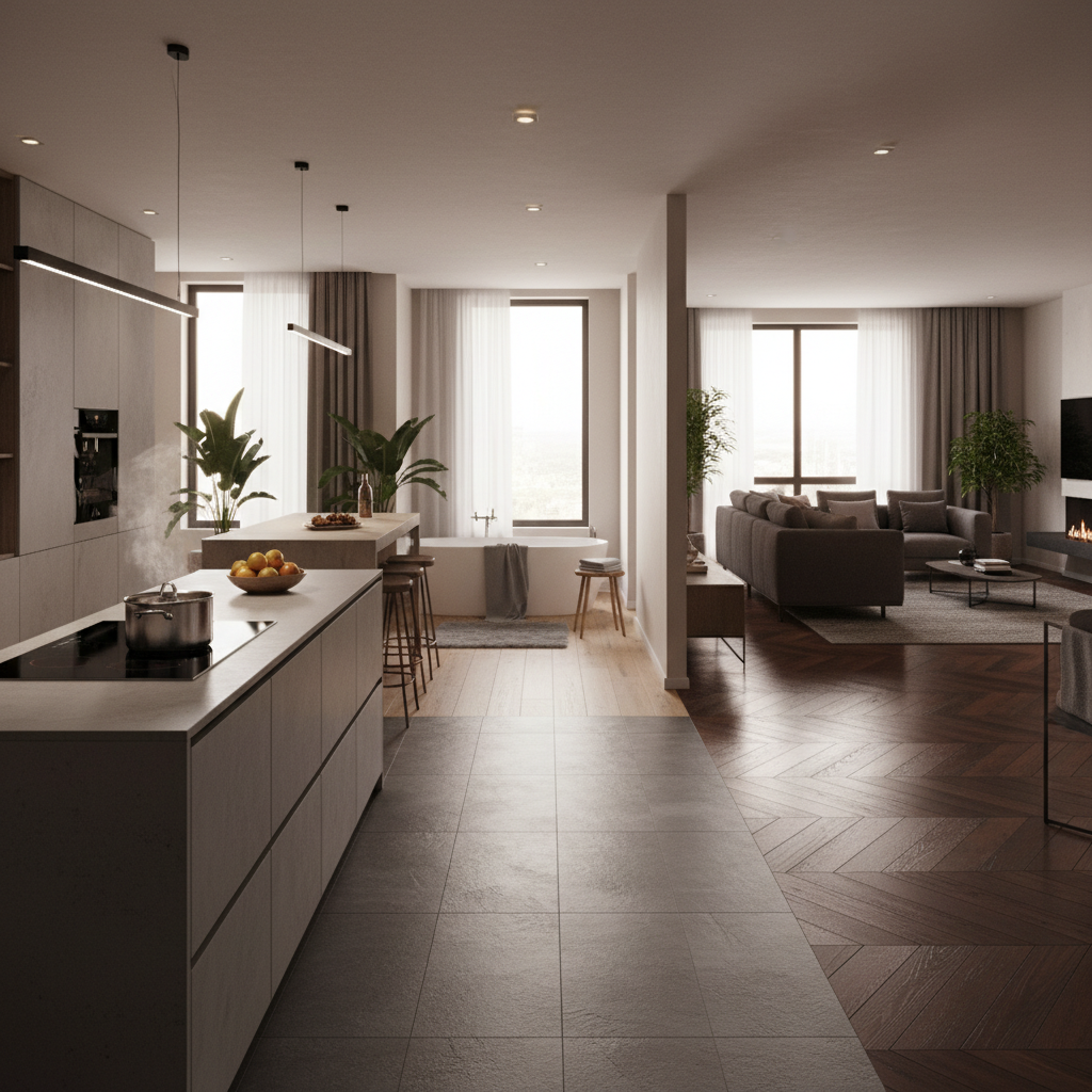 A modern, open-concept home interior illustration, showcasing different flooring materials strategically placed in various rooms. A busy kitchen features sleek, durable porcelain tile. A bathroom has waterproof SPC or high-mil LVP. A cozy living room displays elegant, refinishable solid hardwood. The image should subtly suggest the activities typical for each room (e.g., a cooking pot in the kitchen, a bathmat in the bathroom, a sofa in the living room).