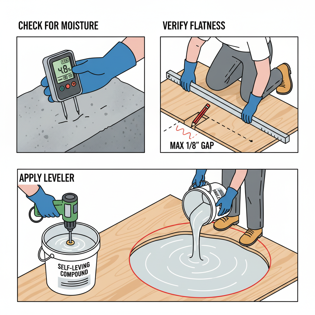 Multi-panel illustration showing subfloor preparation: moisture testing, checking flatness with a straight edge, and pouring self-leveling compound.