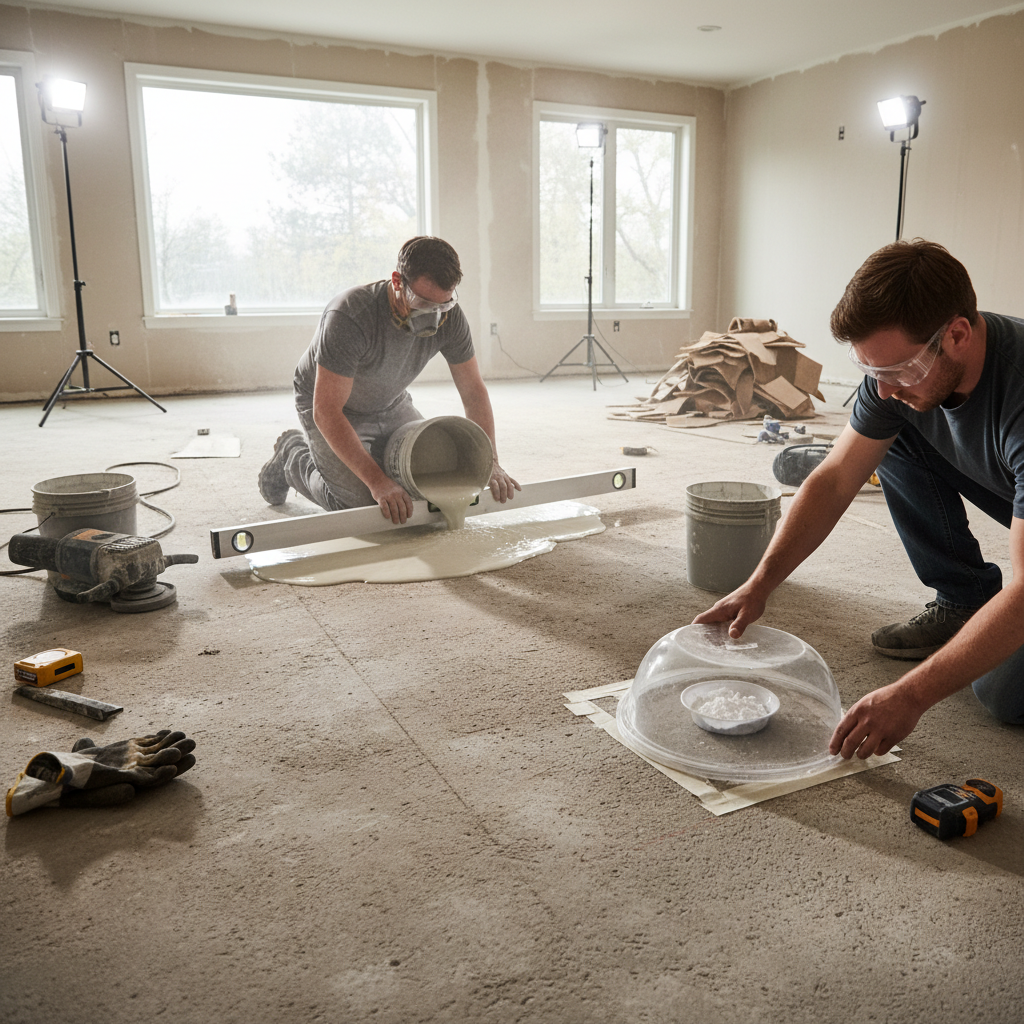 Homeowner using self-leveling compound and a level on a subfloor, and another performing a calcium chloride moisture test on concrete, emphasizing meticulous preparation.