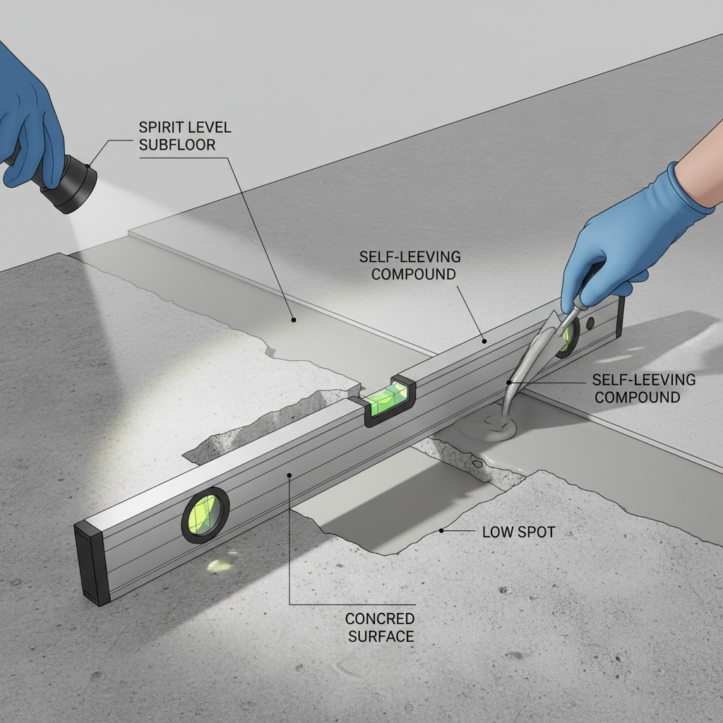 Technical illustration demonstrating subfloor preparation, showing a spirit level identifying a low spot being filled with self-leveling compound.