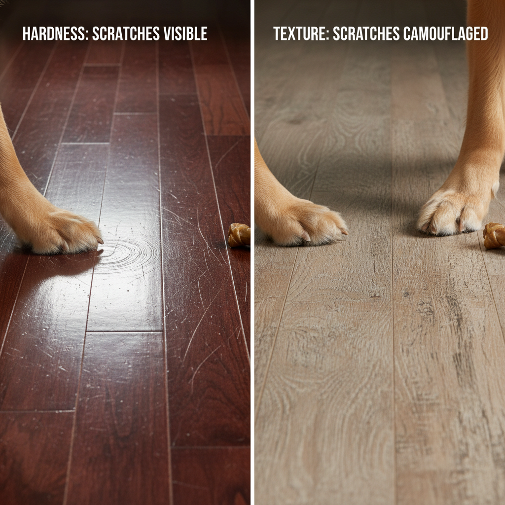 A comparative photorealistic image illustrating the 'Hardness vs. Texture' strategy for pet-friendly flooring. The image is split into two distinct sections. Left side: a glossy, smooth traditional hardwood floor with visible micro-scratches reflecting light, and a dog's paw slightly slipping. Right side: a wire-brushed or hand-scraped matte finish hybrid hardwood floor, where potential micro-scratches are camouflaged by the texture, and a dog's paw is firmly gripping the surface, indicating better traction.