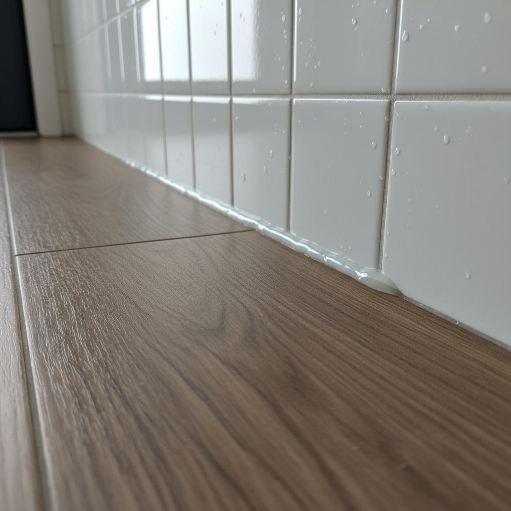 A close-up of a waterproof wood-look floor edge in a bathroom, showing a neatly applied bead of 100% silicone sealant filling the expansion gap between the flooring and the wall/tub base.