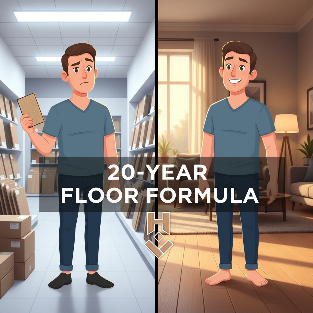 A dynamic, split-scene illustration. On the left, a confused person in a brightly lit, sterile showroom holding a small flooring sample, looking uncertain. On the right, the same person, now confident and smiling, in a warm, naturally lit home environment, standing on a beautiful, installed floor, with various light sources (morning sun, evening lamp) subtly integrated into the scene. A subtle overlay of '20-Year Floor Formula' text or iconography. Style: modern, inviting, illustrative with a touch of realism.