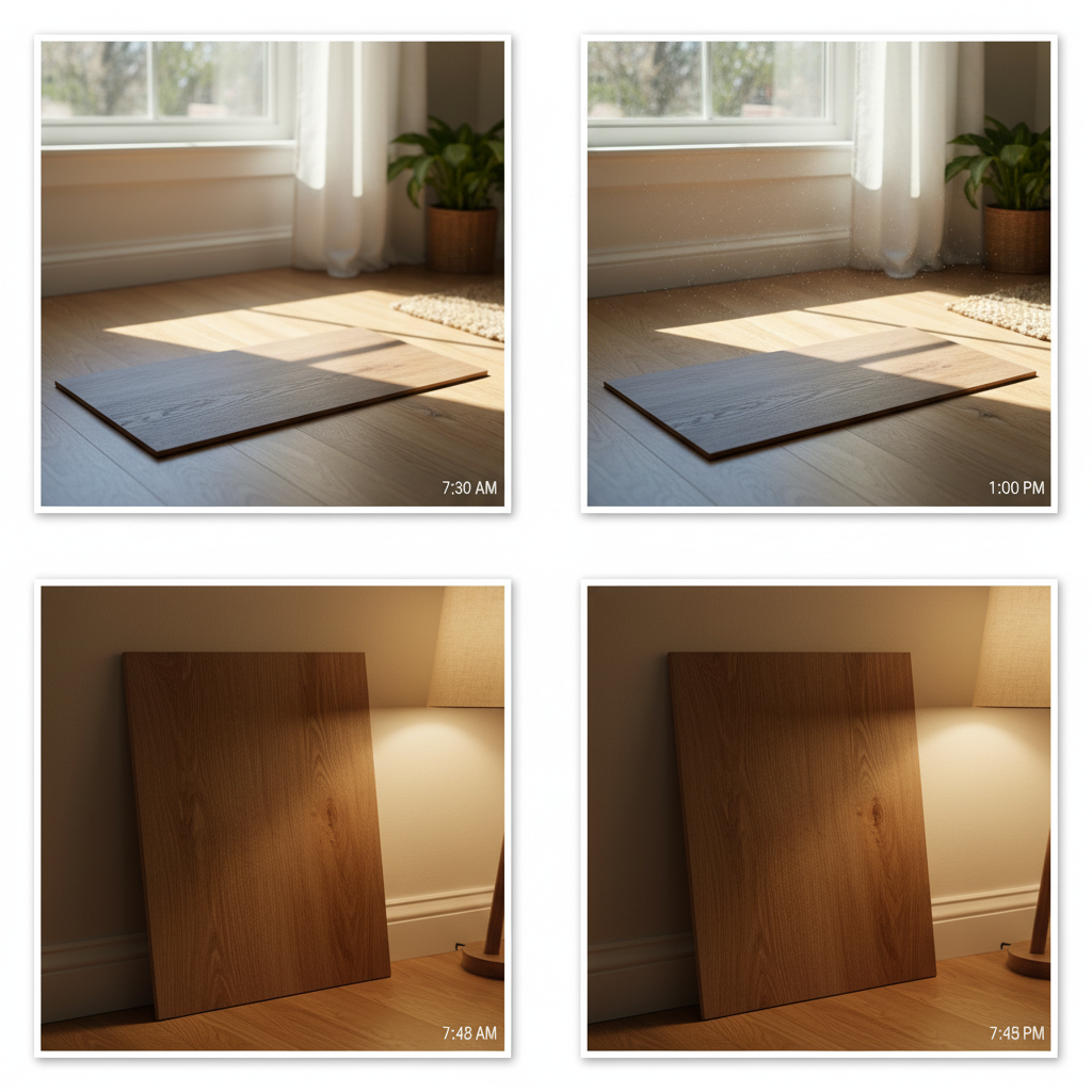 Grid of three photos showing a Bravewood flooring sample tested in morning, afternoon, and evening light, demonstrating the 24-hour testing protocol.