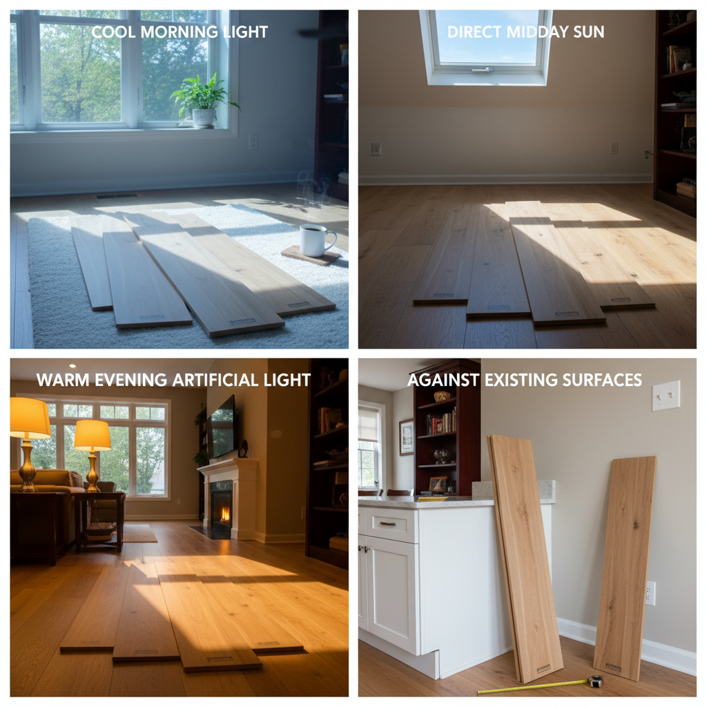 A multi-panel or composite photograph-style illustration depicting the '24-Hour Pre-Purchase Hardwood Stress Test.' Each panel shows large hardwood samples (e.g., Bravewood planks) in different lighting scenarios within a home: one near a window in cool morning light, another in direct midday sun, and a third under warm evening artificial light. A fourth panel shows samples propped against existing furniture or cabinets. Style: realistic, bright, clean photography with clear visual distinction between lighting conditions.
