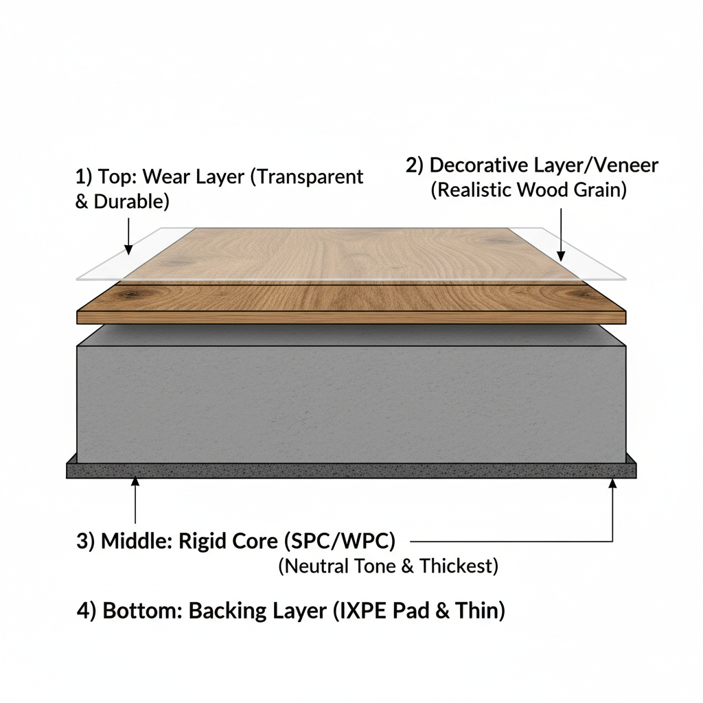 A detailed, clean cross-section diagram of a hybrid wood flooring plank. Clearly label the four distinct layers: 1) Top: a transparent, durable 'Wear Layer', 2) Below that: a 'Decorative Layer/Veneer' showing realistic wood grain, 3) The thickest middle layer: a solid 'Rigid Core' (SPC/WPC) in a neutral tone, and 4) Bottom: a thin 'Backing Layer' (IXPE pad).