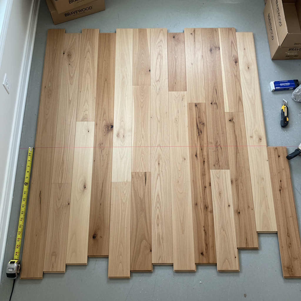 A top-down view of Bravewood hybrid hardwood planks meticulously laid out dry on a subfloor, demonstrating proper staggering and blending to avoid H-joints.