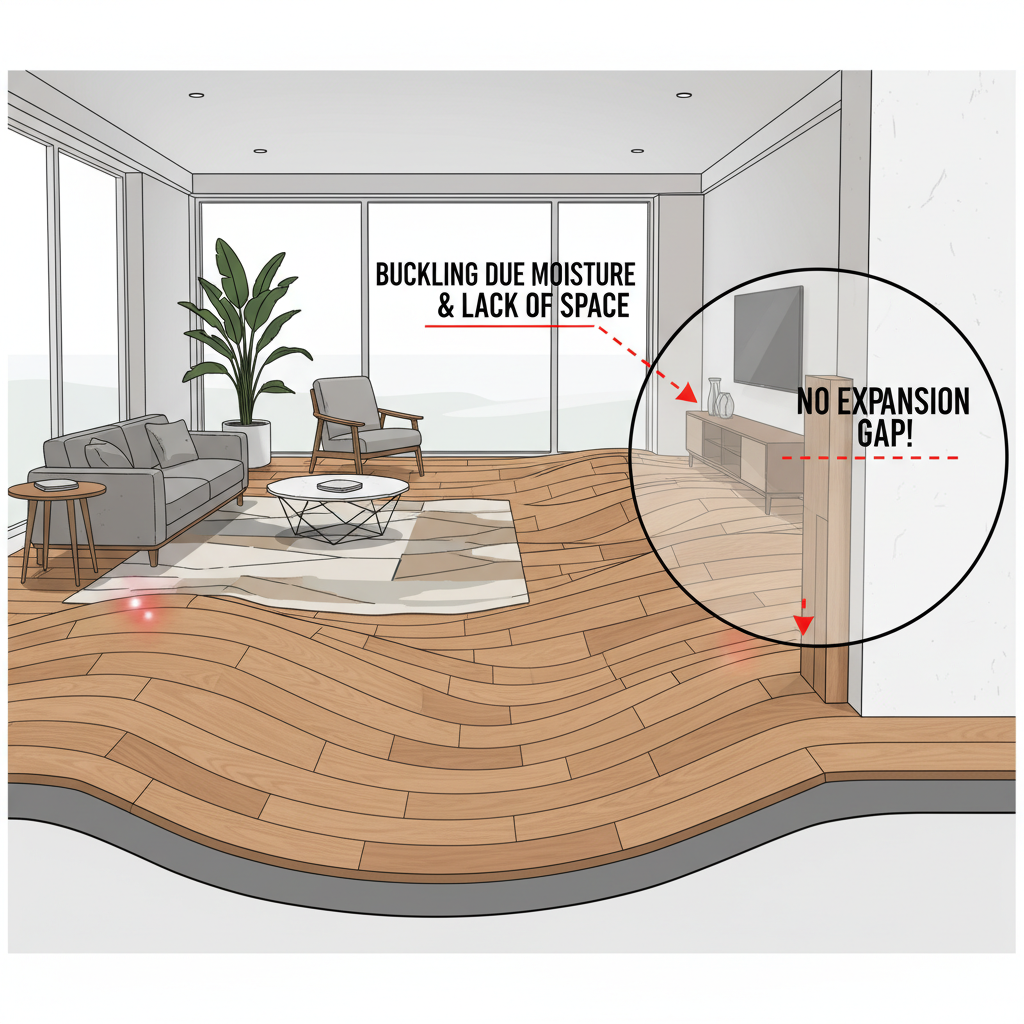 Illustration of a buckled hybrid hardwood floor with humps, showing a cutaway revealing planks pressed against the wall due to lack of expansion gap.
