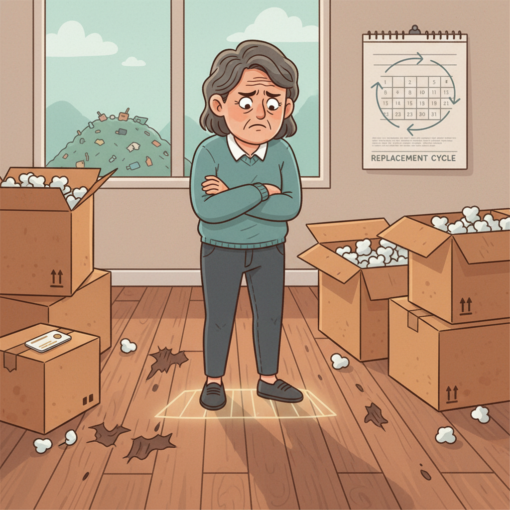 Illustration showing a frustrated homeowner with a worn floor, surrounded by symbols of hidden costs like moving boxes, a hotel key, a landfill icon, and a calendar, representing the cycle of frequent floor replacement.