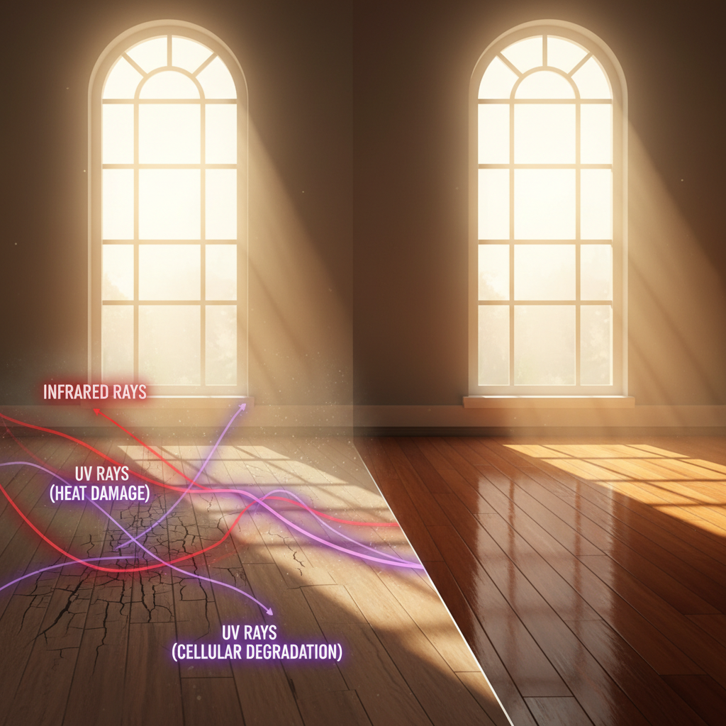 A dramatic, illustrative image depicting sunbeams streaming through a large window onto a hardwood floor. On the left side, the floor appears faded, discolored, and showing micro-cracks, with subtle glowing red (infrared) and purple (UV) rays visibly causing damage. On the right side, a section of the same floor remains vibrant, intact, and protected. Style: realistic illustration with scientific overlay, emphasizing the destructive elements of sunlight, high contrast.