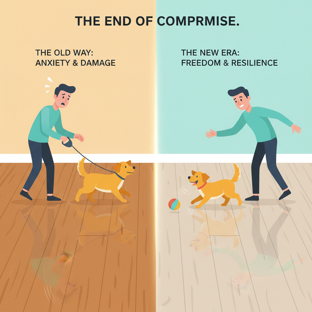 A conceptual illustration depicting the 'end of compromise' for pet-friendly flooring.