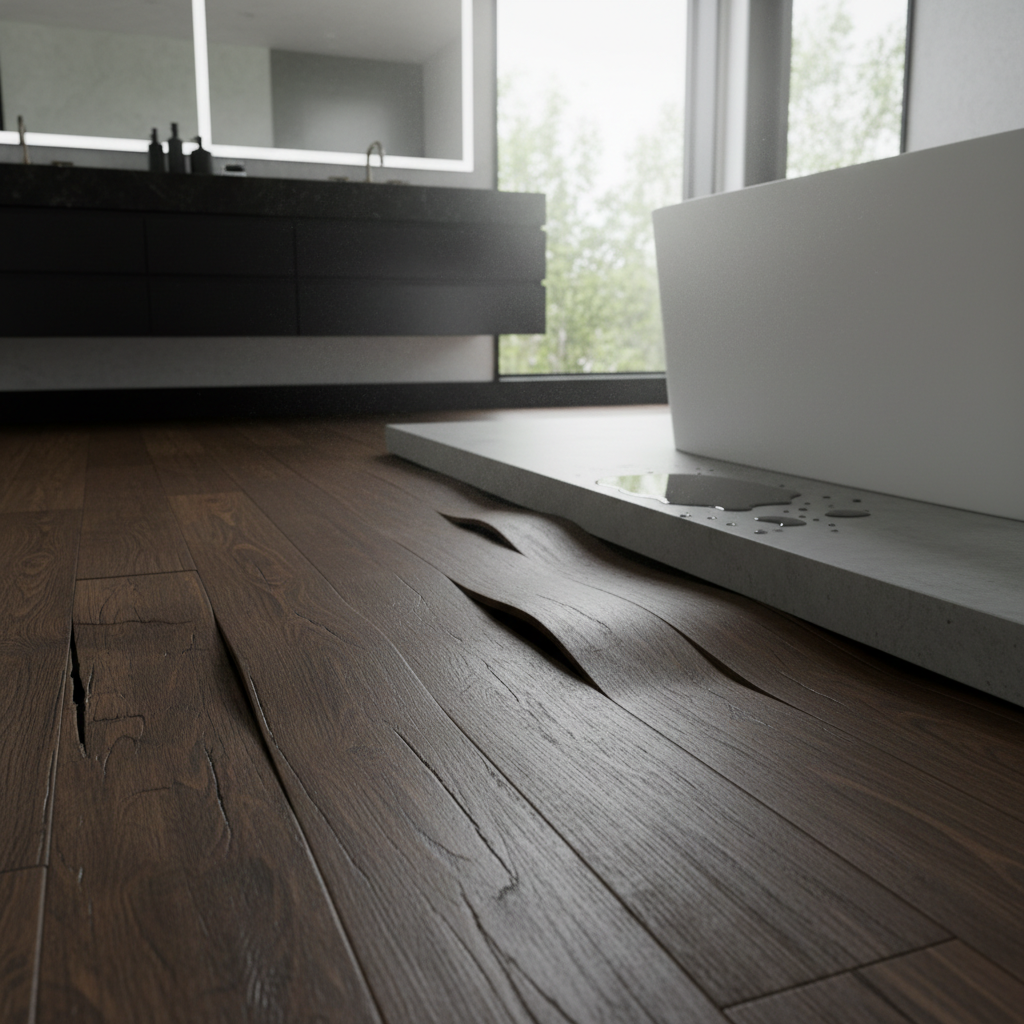 A modern bathroom with a hardwood floor showing signs of cupping and warping due to water damage, illustrating the failure of traditional wood in wet environments.