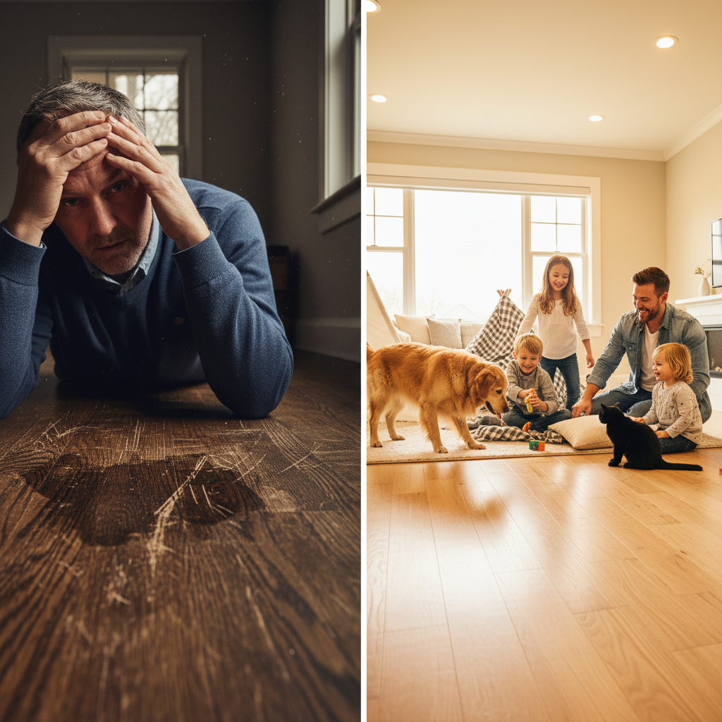 A split-screen image. On the left, a distressed homeowner looking at a traditional hardwood floor with visible water damage (swelling, discoloration) and pet scratches. On the right, a happy family (with pets) enjoying a beautiful, pristine hybrid hardwood floor in a modern, active home setting, showcasing durability and peace of mind.