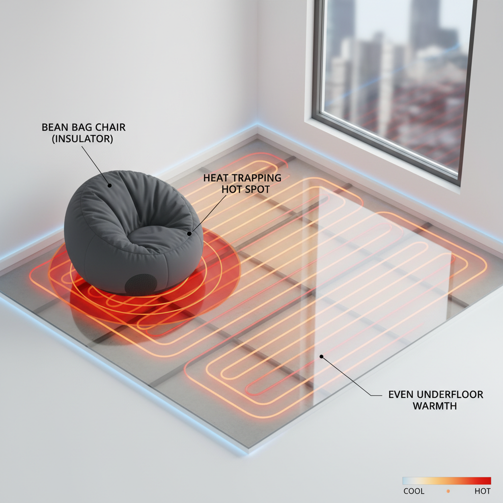 An overhead, slightly isometric 3D render of a modern room with underfloor heating. The floor surface is partially transparent to reveal heating elements beneath. A thick, insulating object like a large, rubber-backed rug or a bean bag chair is placed on one section of the floor. Beneath this object, a clear 'hot spot' is visualized with a red heat map overlay, showing significantly higher temperatures compared to the evenly distributed, subtle warmth (light orange/yellow) in the exposed areas of the floor. Style: clean, technical infographic, clear visual representation of heat distribution.
